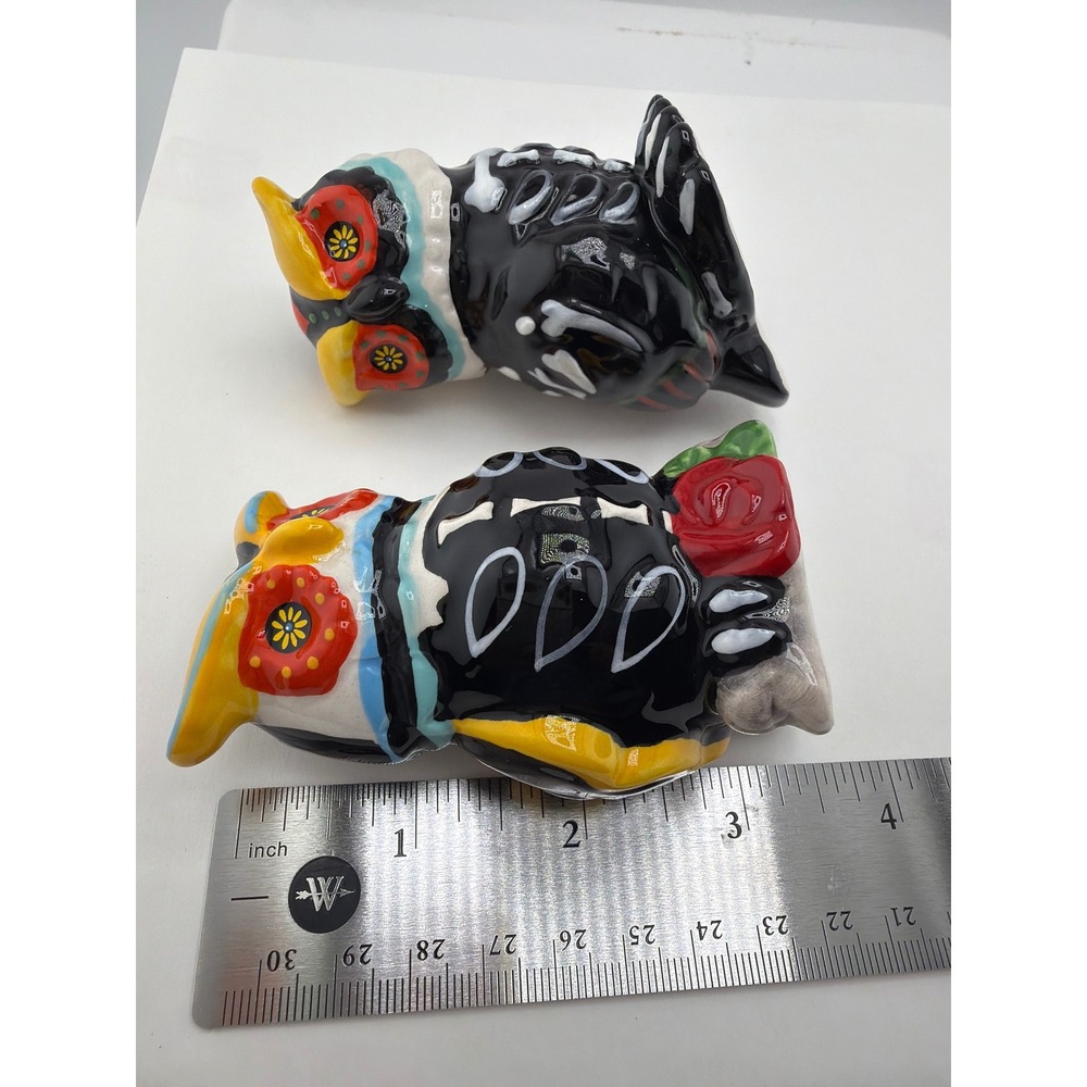 Day of the Dead Owl Salt Pepper Shakers Ceramic Sugar Skull Set - Picture 5 of 5